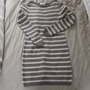 LOFT Brown and Cream Striped Long Sleeve Dress